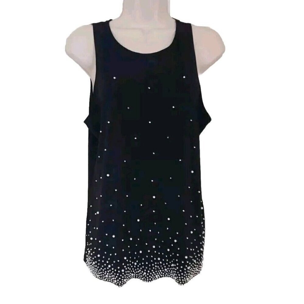 NWT CHAUS NY BLACK EMBELLISHED SILVER & PEARL BEADED SLEEVELESS BLOUSE TOP SZ...